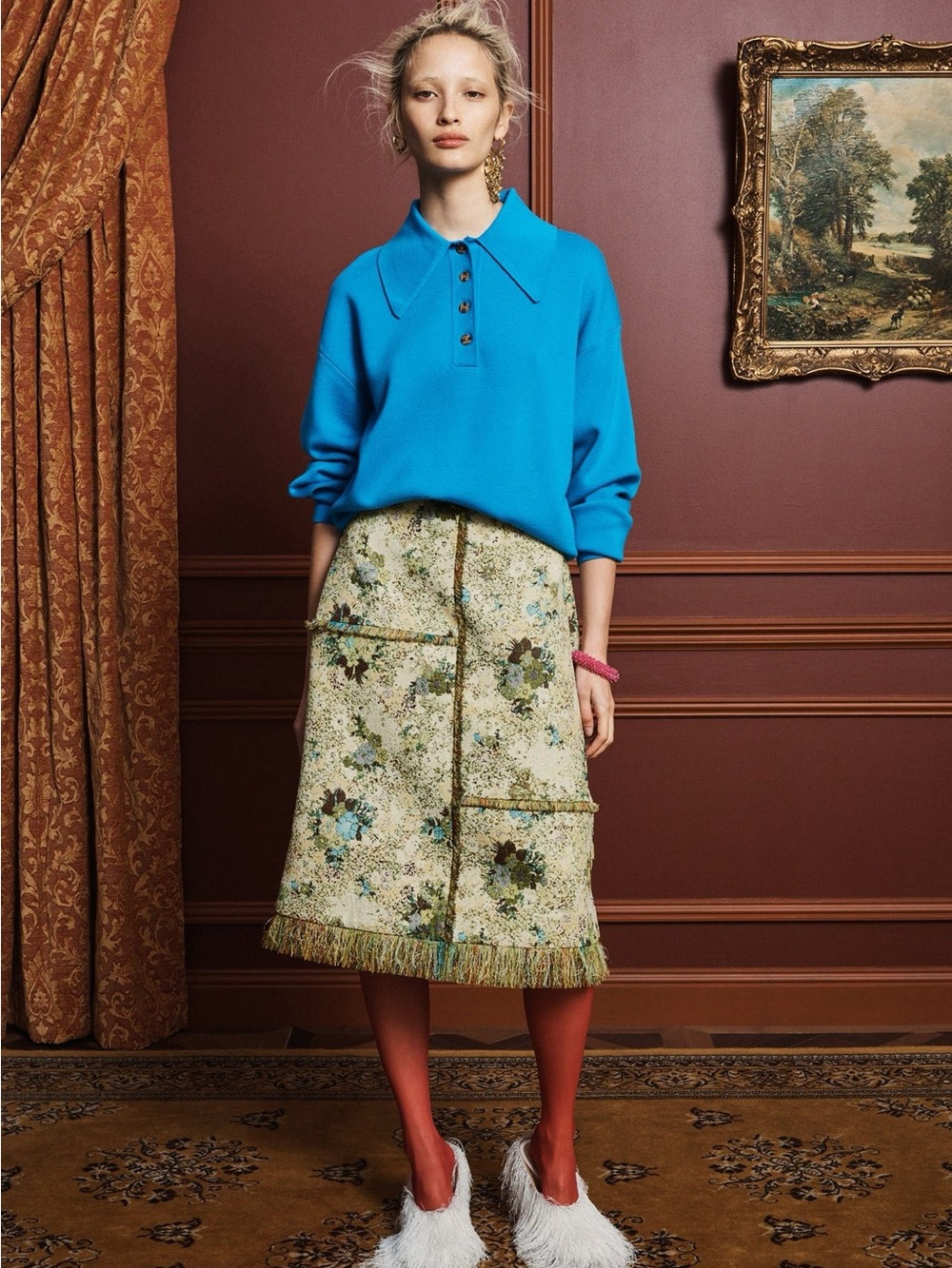 Alemais Whitney Skirt Floral Tweed Fringe Midi Skirt, 6 8 10 12